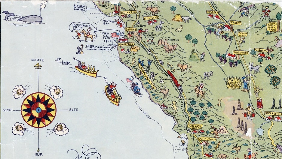 large detailed old tourist illustrated map of California state