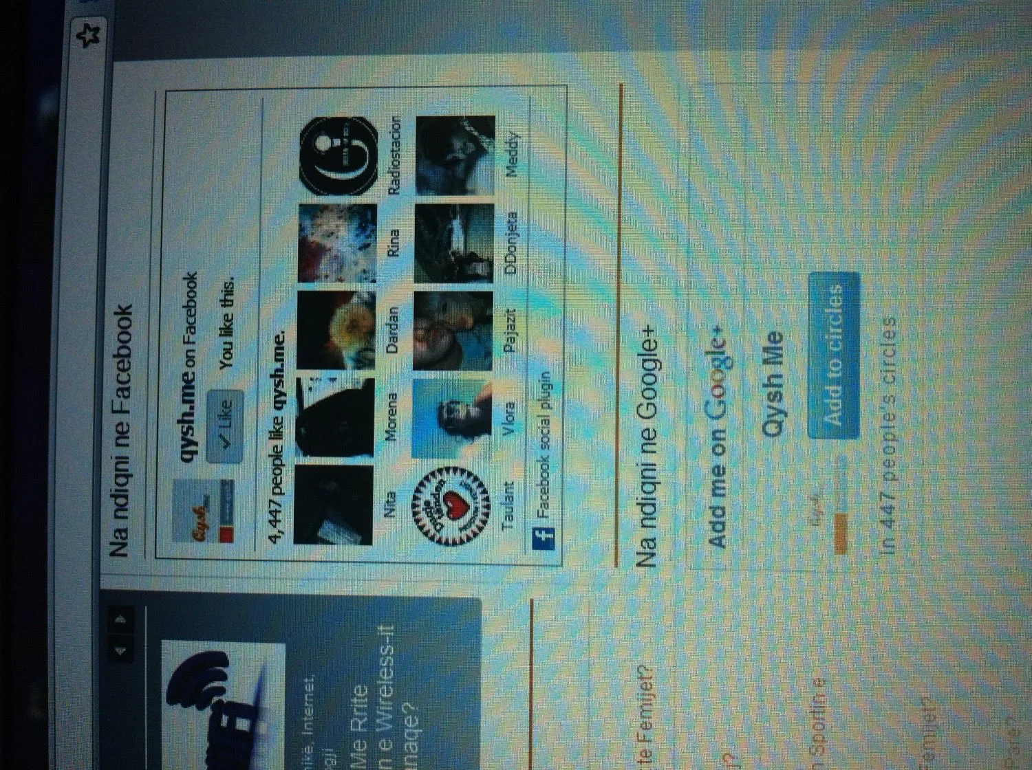 An early Qysh Me sidebar showing the Facebook "like box" reading "4,447 people like qysh.me," with a grid of followers' faces, above a Google+ "Add to circles" widget noting the page was in 447 people's circles.