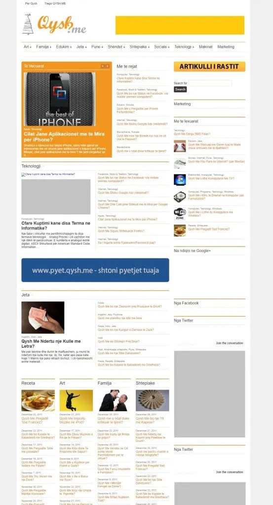 The Qysh Me homepage in 2011: the orange WordPress theme, an iPhone article featured up top and a category bar reading Art, Familja, Edukim, Jeta, Punë, Shëndet, Shtëpiake, Sociale, Teknologji, Makinat.