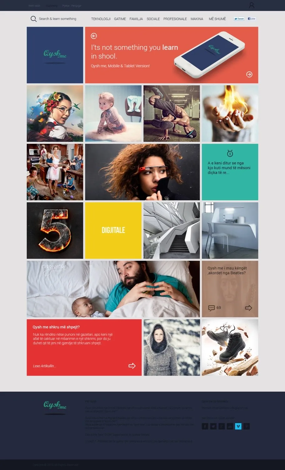 The Qysh Me homepage as a grid of tiles, each one a question: "Qysh me hurit peshk?", "Qysh me kalu ne tatuazh me photoshop?", "Qysh me pastru dhomen tuaj?" and dozens more, under the tagline "It's not something you learn in school."