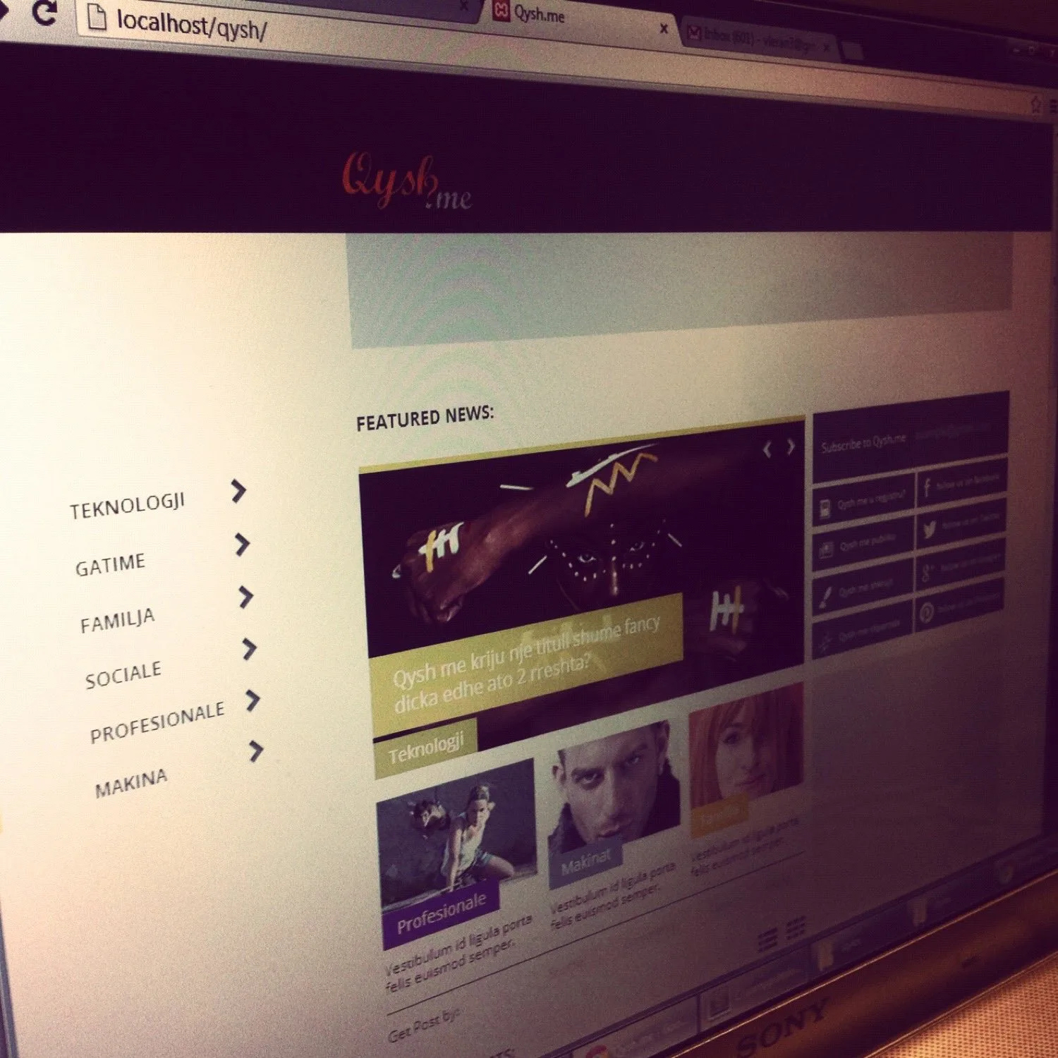 A redesign of the Qysh Me homepage with a consolidated left-hand category menu: Teknologji, Gatime, Familja, Sociale, Profesionale, Makina.