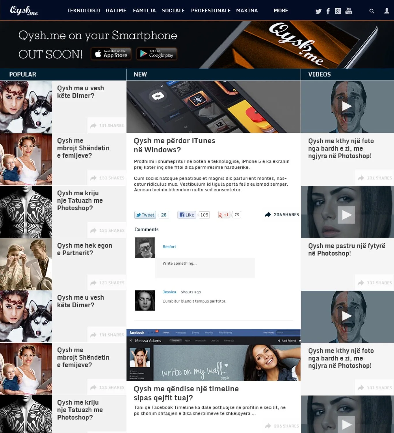 The Qysh Me magazine homepage with a black banner across the top reading "Qysh.me on your Smartphone, OUT SOON!" and App Store and Google Play badges.
