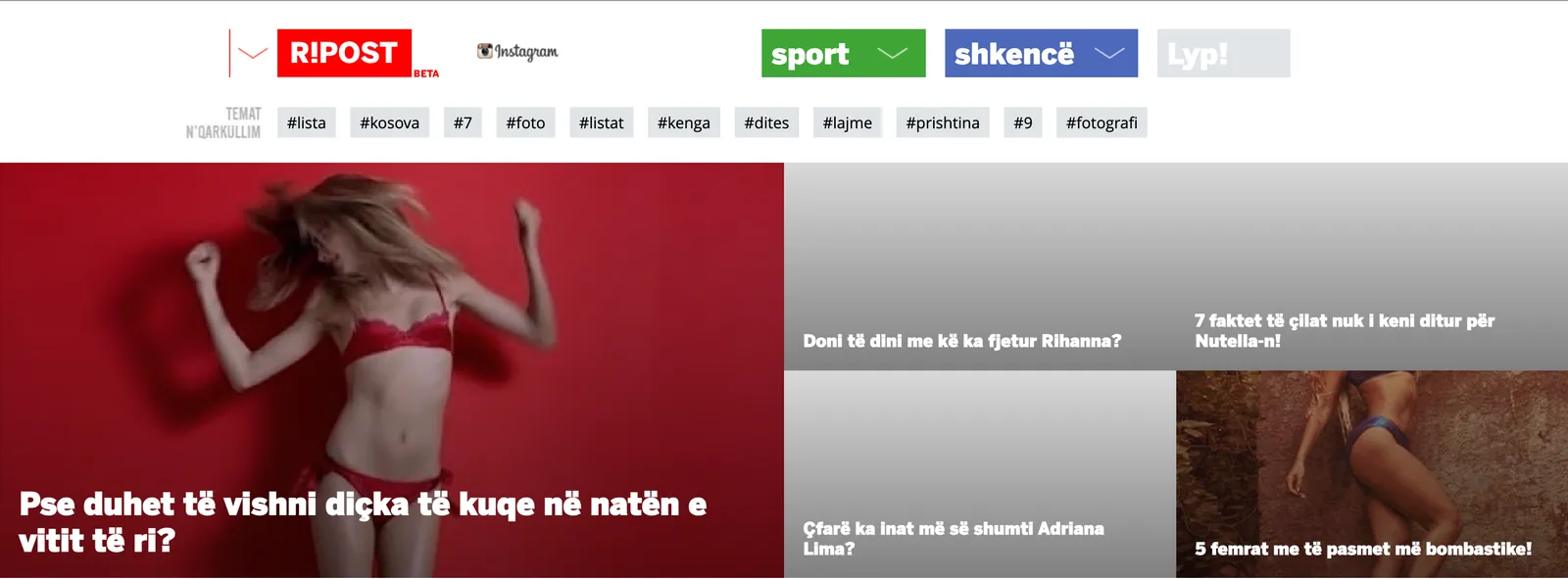 The Ripost homepage in beta: the logo with a BETA label, the coloured section buttons for sport, shkencë and Lyp!, the running topic bar, and the featured mosaic underneath.