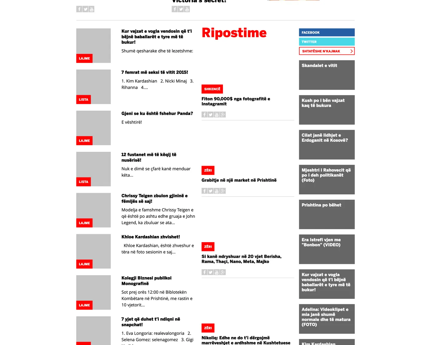 The Ripostime column on the Ripost homepage: a continuous river of items, each stamped LAJME, LISTA, SHKENCË or ZËRI, with a second stream and a sidebar running alongside it.