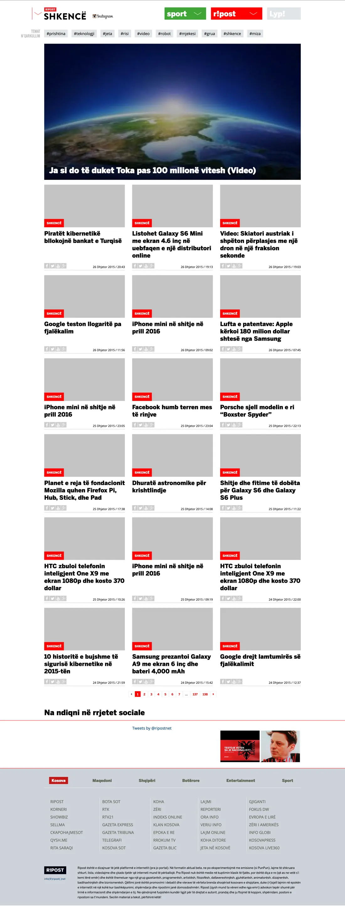 The Ripost science section, Shkencë, running on the same platform with its own colour and its own topic bar.