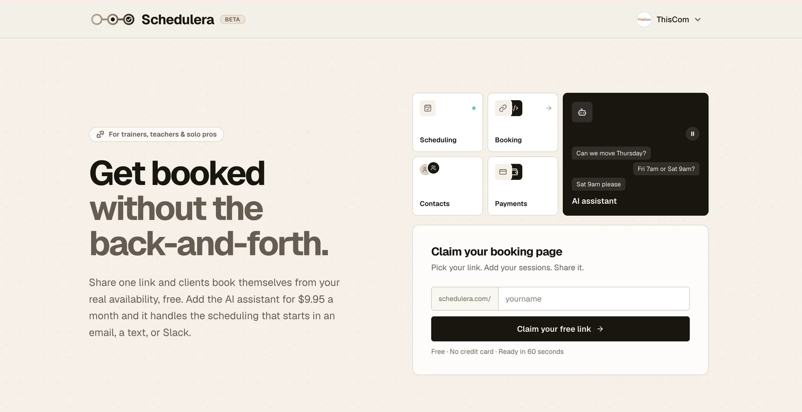 The Schedulera homepage, headlined "Get booked without the back-and-forth.", with a field to claim a schedulera.com link beside tiles for scheduling, booking, contacts, payments and an AI assistant