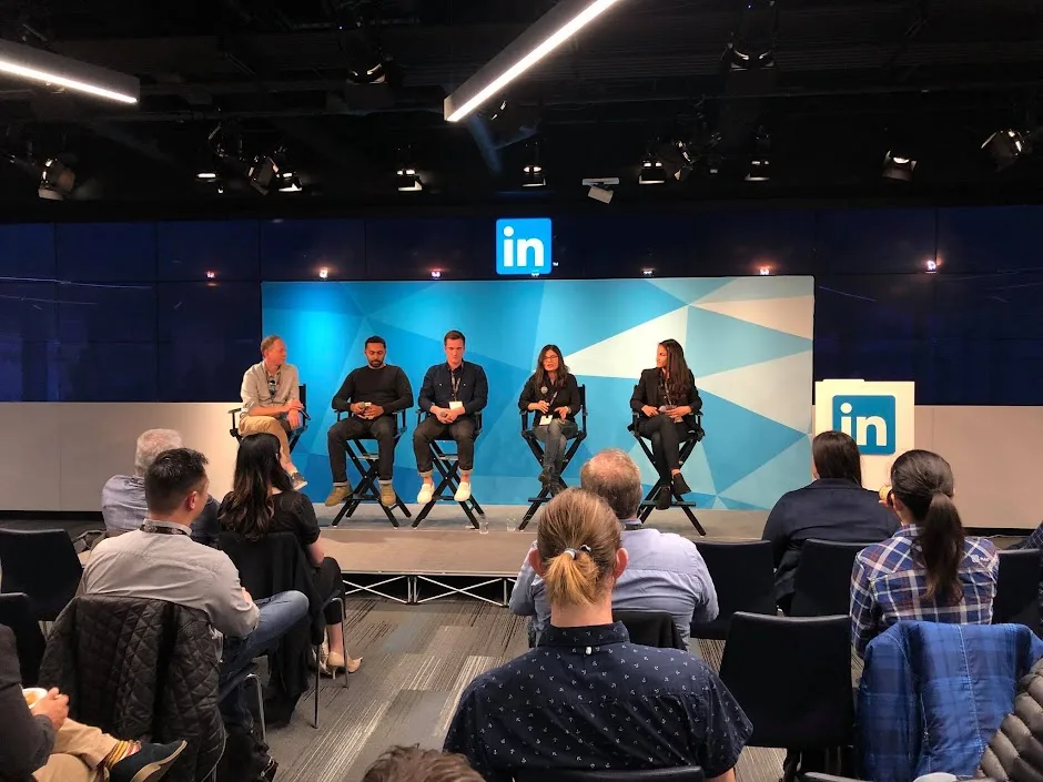 The BayAreaSearch SEO panel on stage at LinkedIn, from left: Andrew Shotland, Arun Jay, Kyle Blanchette, Aleyda Solis and a Netflix SEO consultant