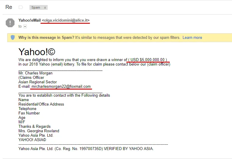 SPAM Yahoo Lottery Email