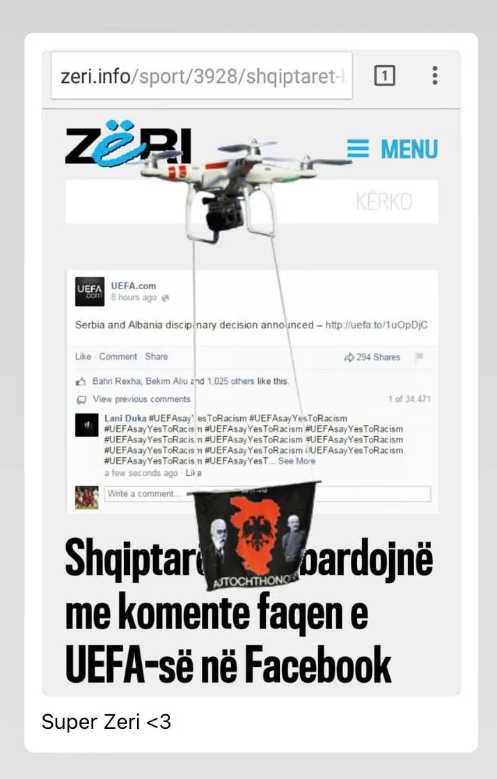 A screenshot of Zeri's mobile site with a drone flying across the page carrying a flag, shared with the caption "Super Zeri", above a headline about Albanians flooding UEFA's Facebook page with comments.